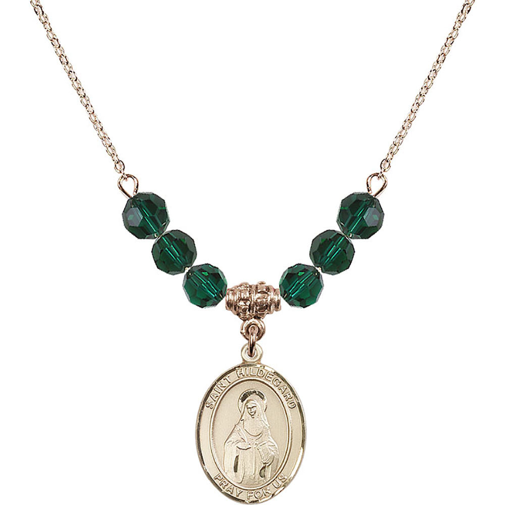 14kt Gold Filled Saint Hildegard von Bingen Birthstone Necklace with Emerald Beads - 8260