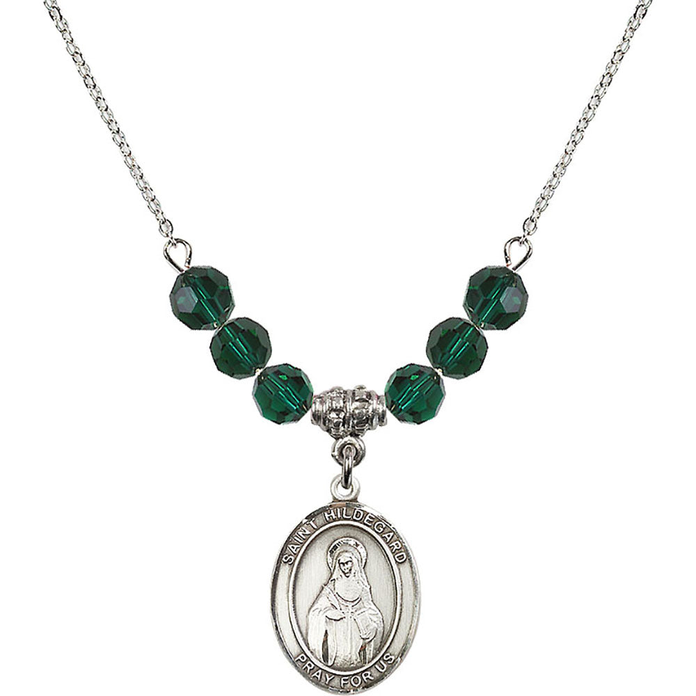 Sterling Silver Saint Hildegard von Bingen Birthstone Necklace with Emerald Beads - 8260