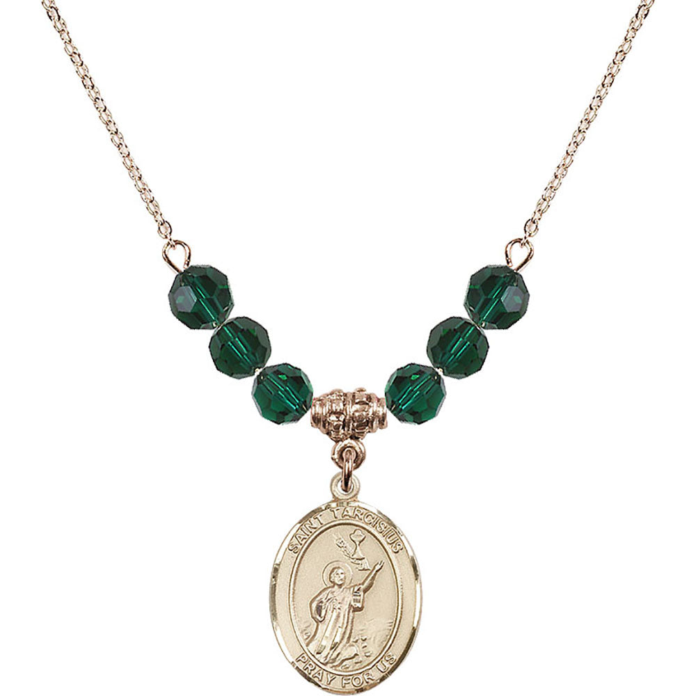14kt Gold Filled Saint Tarcisius Birthstone Necklace with Emerald Beads - 8261