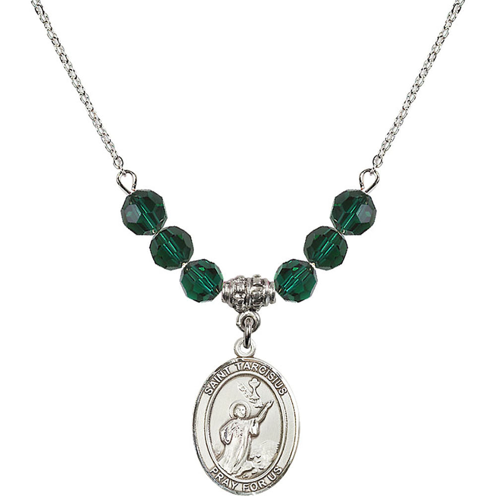 Sterling Silver Saint Tarcisius Birthstone Necklace with Emerald Beads - 8261