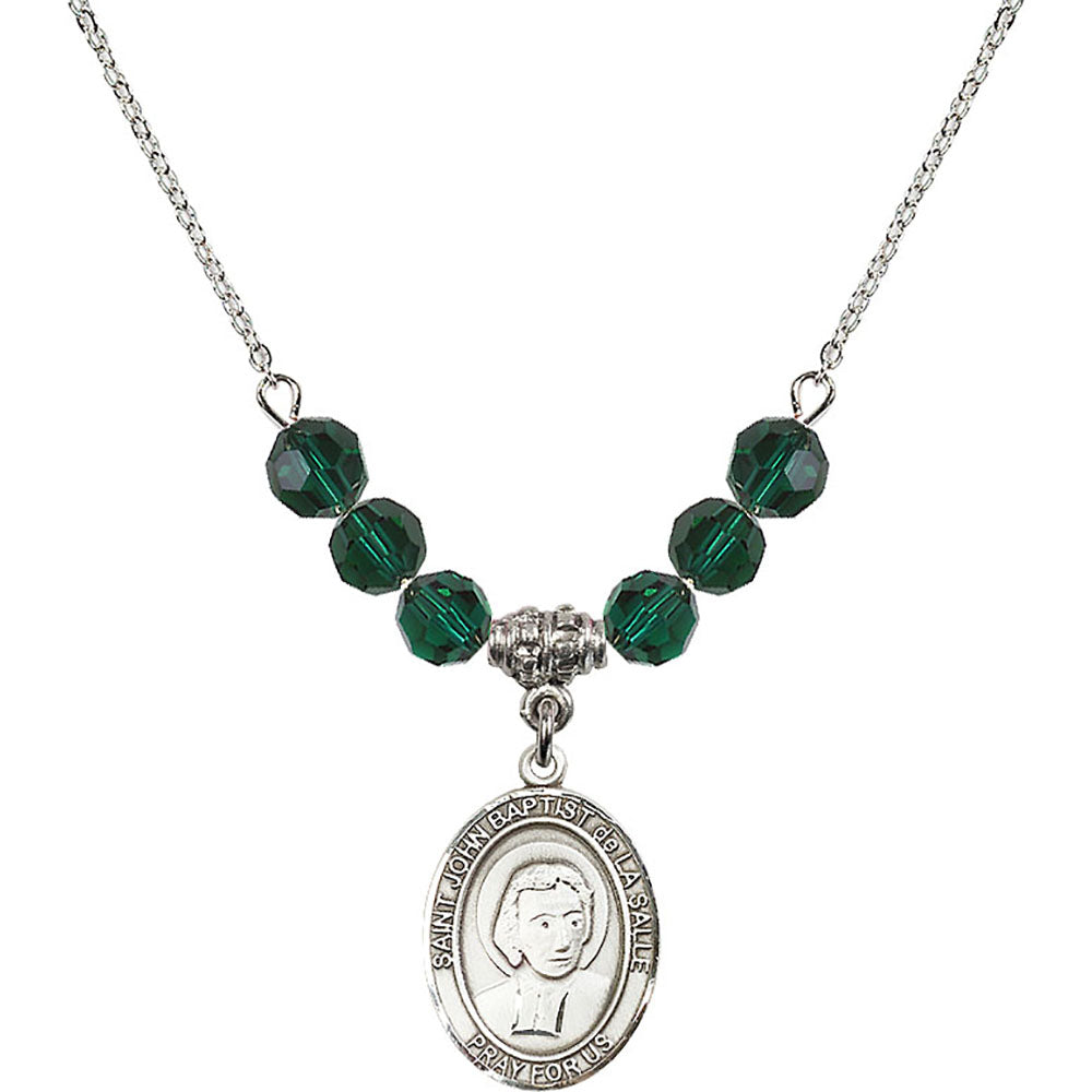 Sterling Silver Saint John Baptist de la Salle Birthstone Necklace with Emerald Beads - 8262