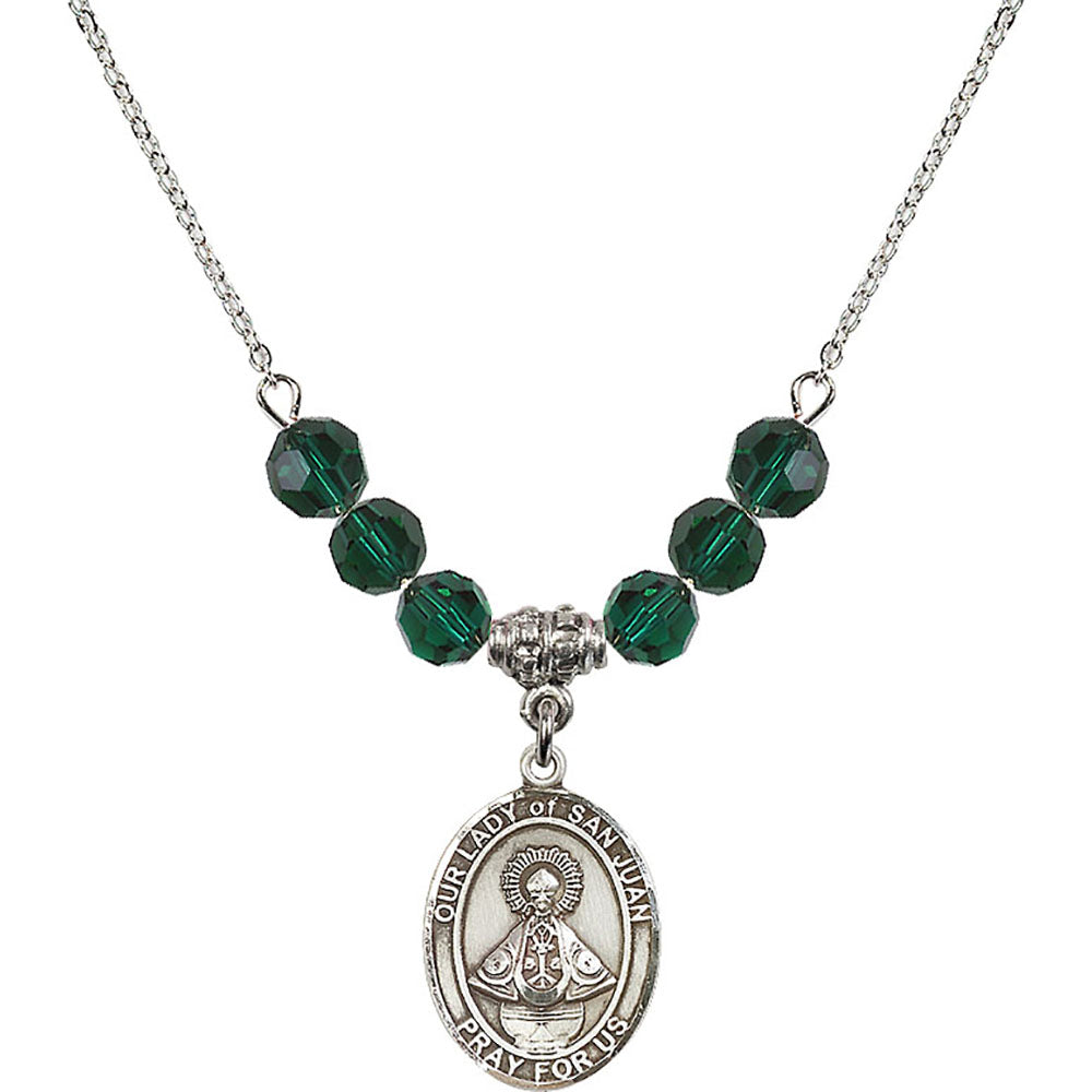 Sterling Silver Our Lady of San Juan Birthstone Necklace with Emerald Beads - 8263
