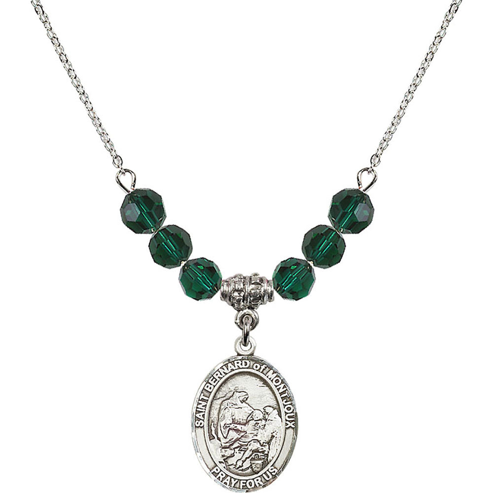 Sterling Silver Saint Bernard of Montjoux Birthstone Necklace with Emerald Beads - 8264