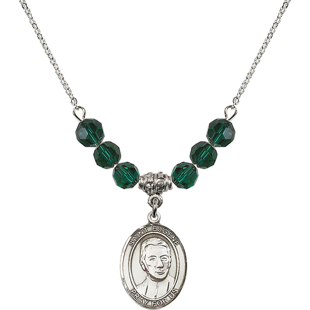 Sterling Silver Saint Eugene de Mazenod Birthstone Necklace with Emerald Beads - 8266
