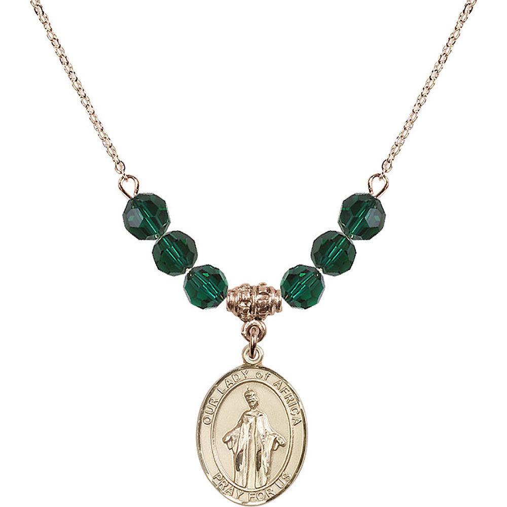 14kt Gold Filled Our Lady of Africa Birthstone Necklace with Emerald Beads - 8269