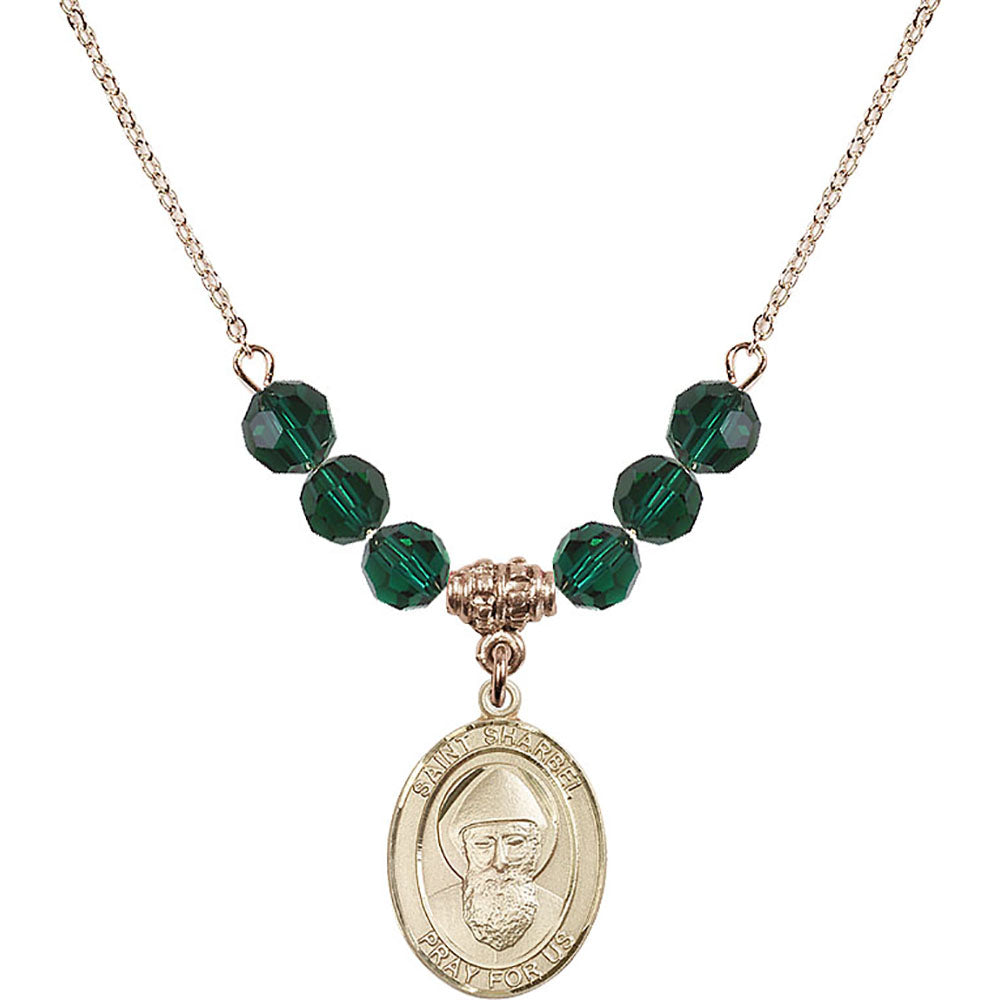 14kt Gold Filled Saint Sharbel Birthstone Necklace with Emerald Beads - 8271