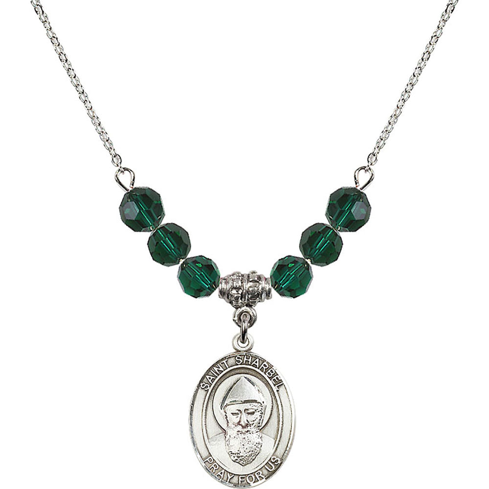 Sterling Silver Saint Sharbel Birthstone Necklace with Emerald Beads - 8271