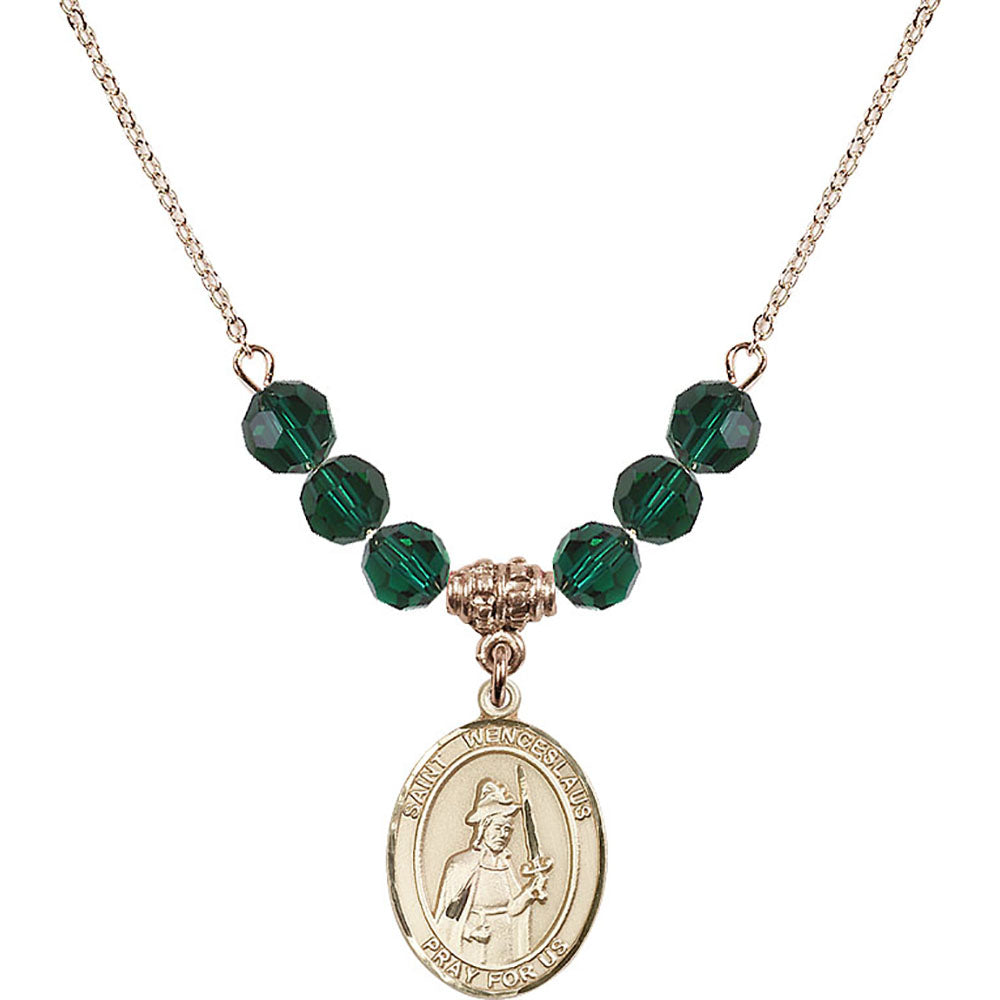 14kt Gold Filled Saint Wenceslaus Birthstone Necklace with Emerald Beads - 8273