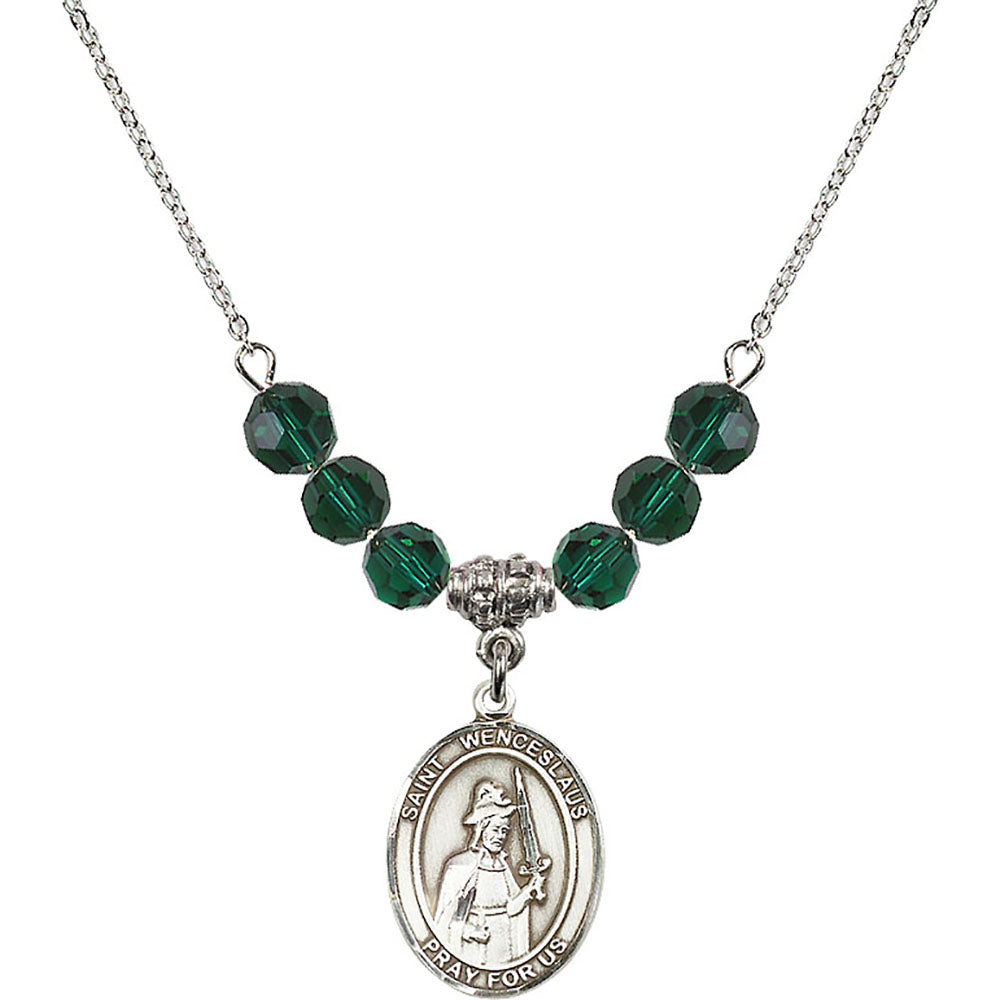 Sterling Silver Saint Wenceslaus Birthstone Necklace with Emerald Beads - 8273