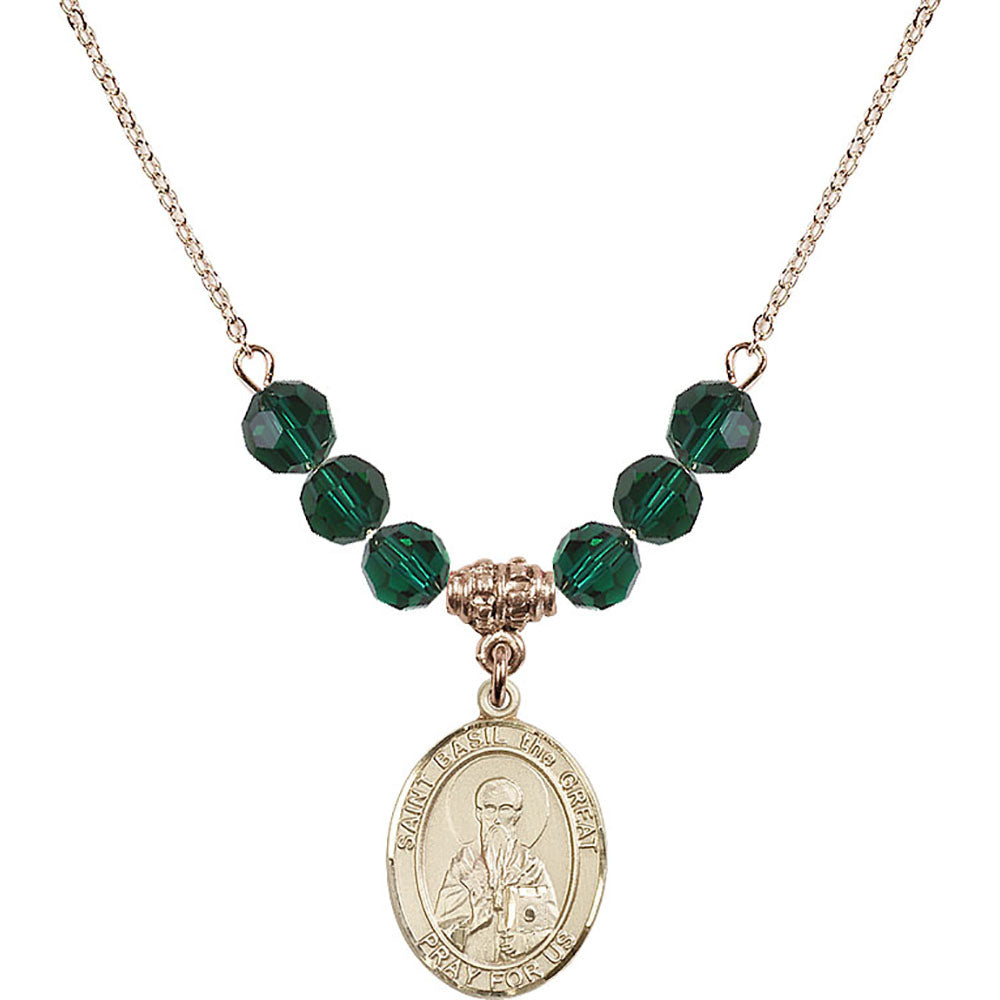 14kt Gold Filled Saint Basil the Great Birthstone Necklace with Emerald Beads - 8275