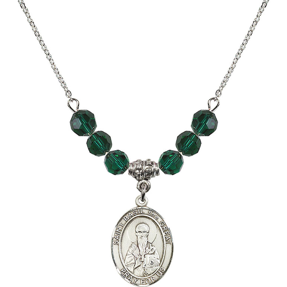 Sterling Silver Saint Basil the Great Birthstone Necklace with Emerald Beads - 8275