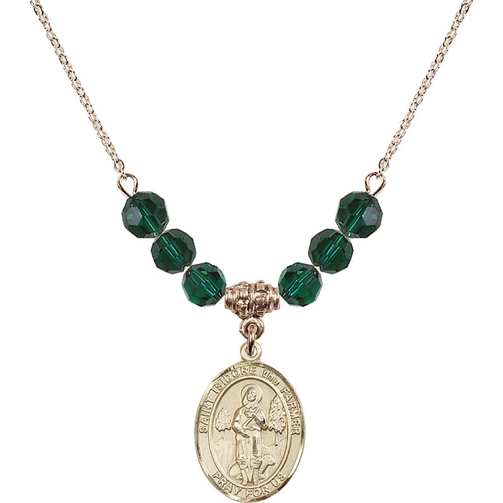 14kt Gold Filled Saint Isidore the Farmer Birthstone Necklace with Emerald Beads - 8276