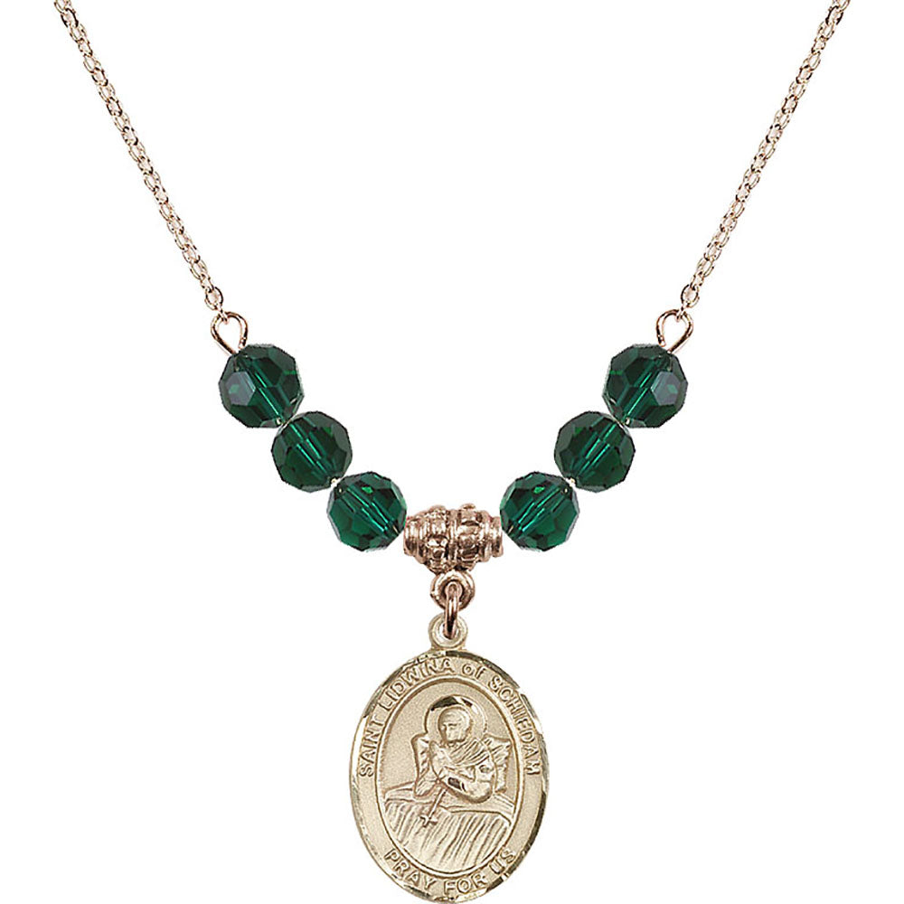 14kt Gold Filled Saint Lidwina of Schiedam Birthstone Necklace with Emerald Beads - 8297