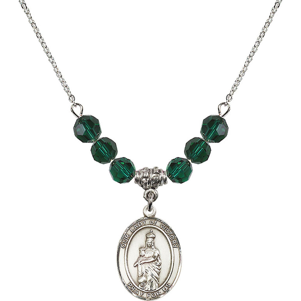 Sterling Silver Our Lady of Victory Birthstone Necklace with Emerald Beads - 8306