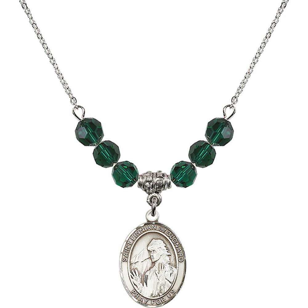 Sterling Silver Saint Finnian of Clonard Birthstone Necklace with Emerald Beads - 8308