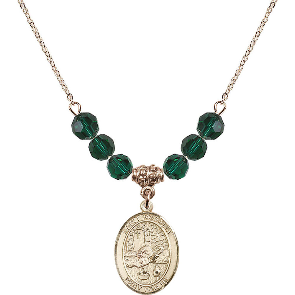 14kt Gold Filled Saint Rosalia Birthstone Necklace with Emerald Beads - 8309