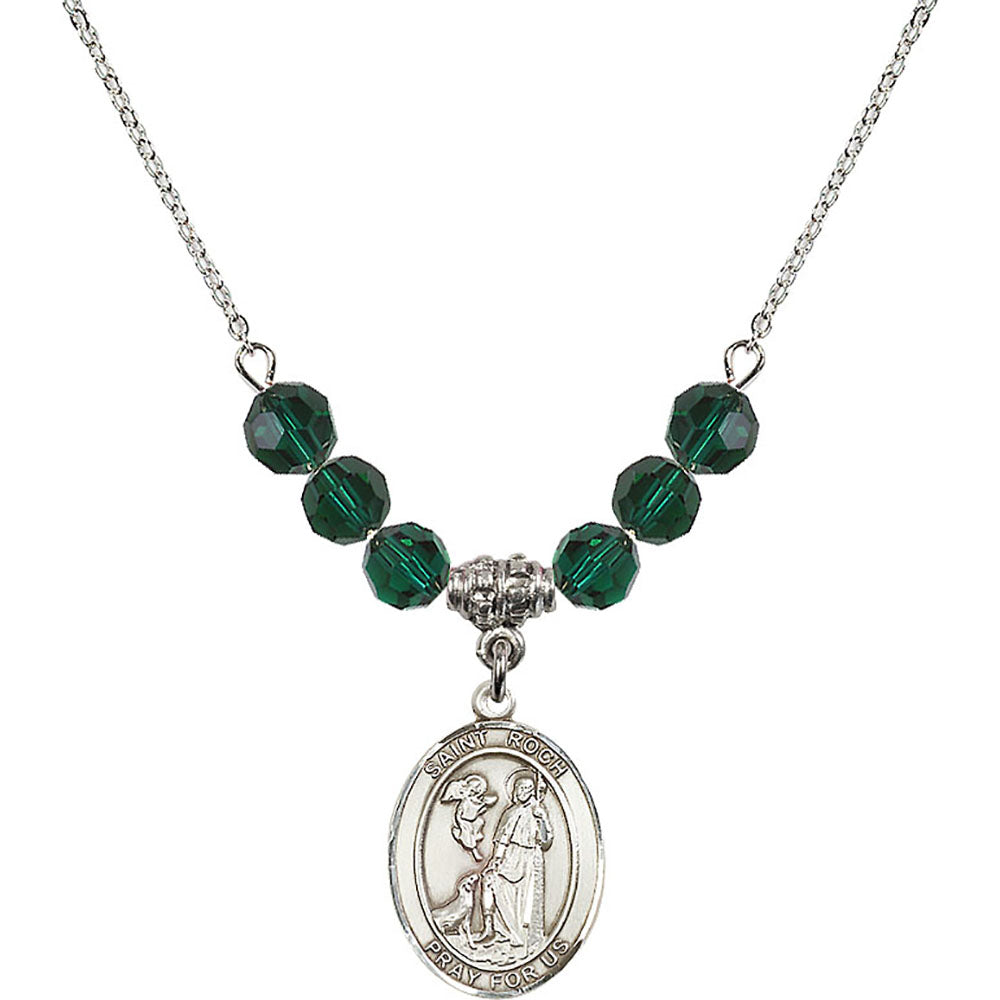 Sterling Silver Saint Roch Birthstone Necklace with Emerald Beads - 8310