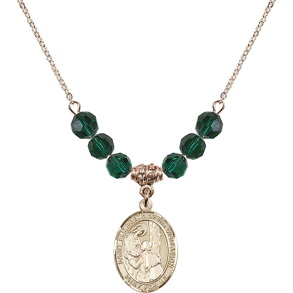 14kt Gold Filled Saint Elizabeth of the Visitation Birthstone Necklace with Emerald Beads - 8311