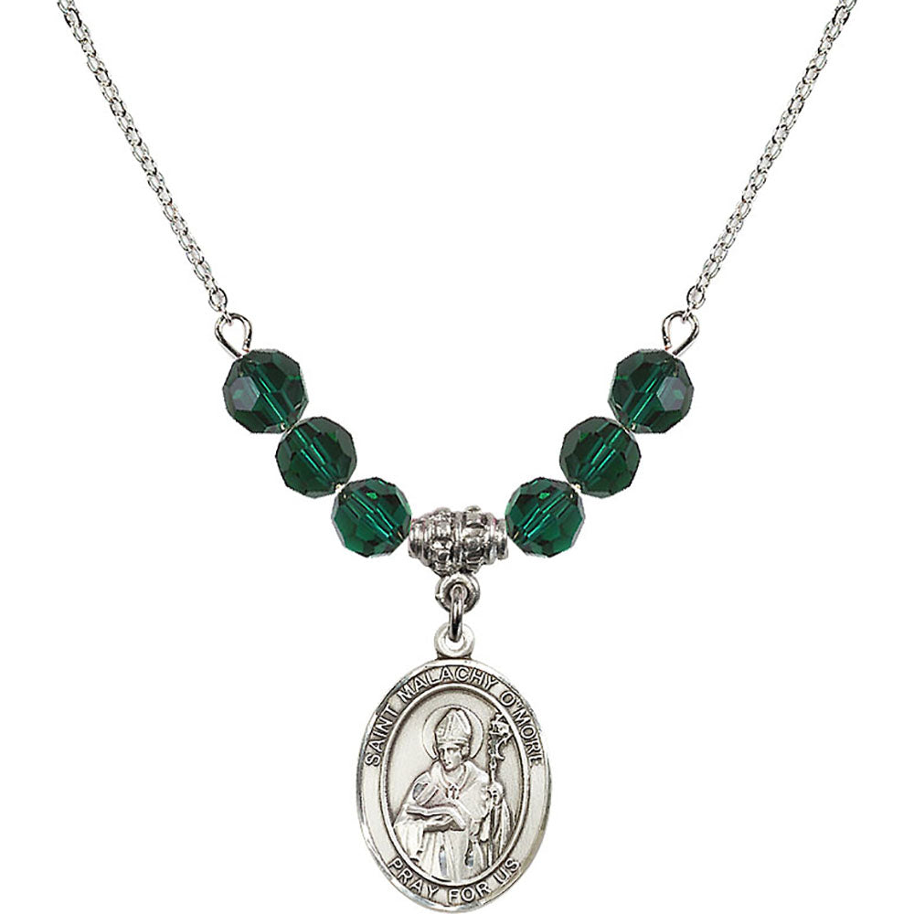 Sterling Silver Saint Malachy O'More Birthstone Necklace with Emerald Beads - 8316