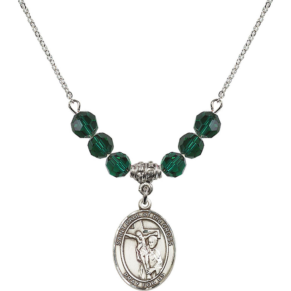 Sterling Silver Saint Paul of the Cross Birthstone Necklace with Emerald Beads - 8318