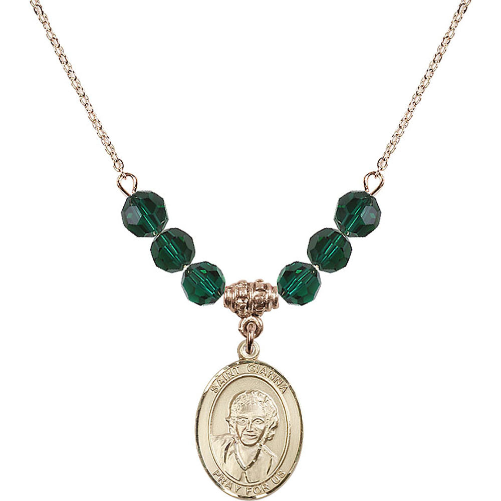 14kt Gold Filled Saint Gianna Beretta Molla Birthstone Necklace with Emerald Beads - 8322