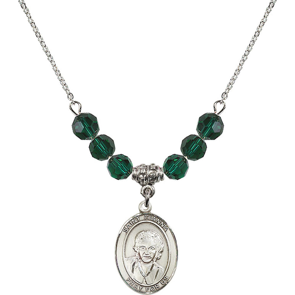 Sterling Silver Saint Gianna Beretta Molla Birthstone Necklace with Emerald Beads - 8322