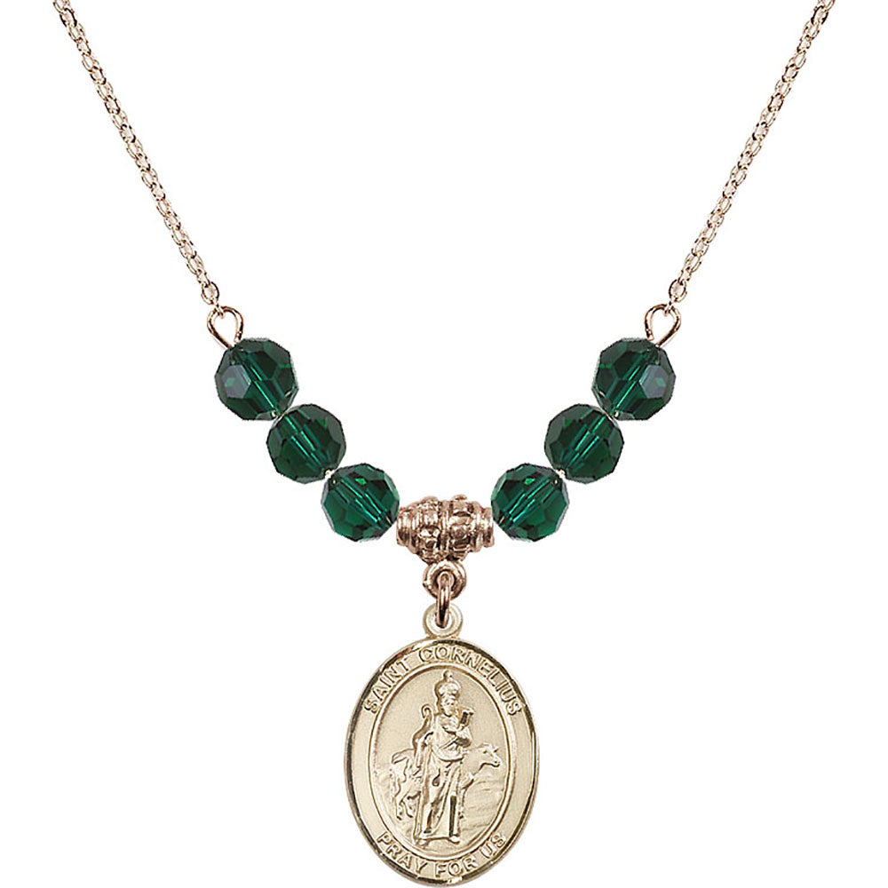 14kt Gold Filled Saint Cornelius Birthstone Necklace with Emerald Beads - 8325