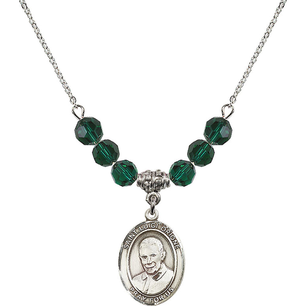 Sterling Silver Saint Luigi Orione Birthstone Necklace with Emerald Beads - 8326