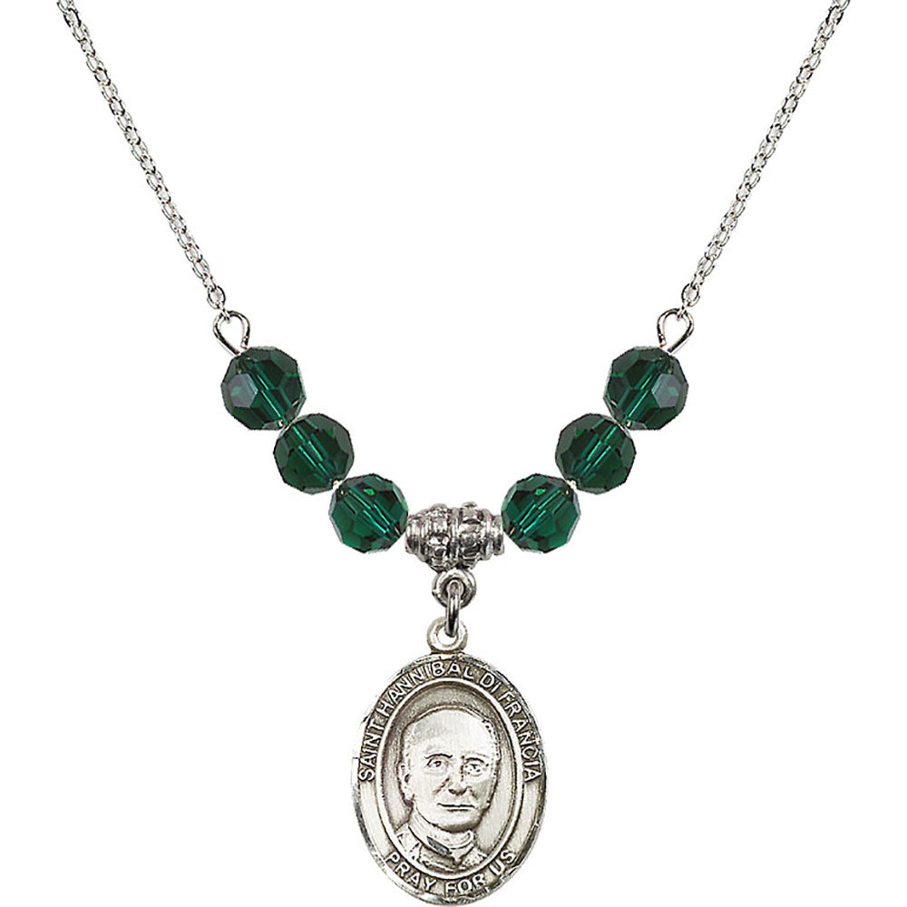 Sterling Silver Saint Hannibal Birthstone Necklace with Emerald Beads - 8327