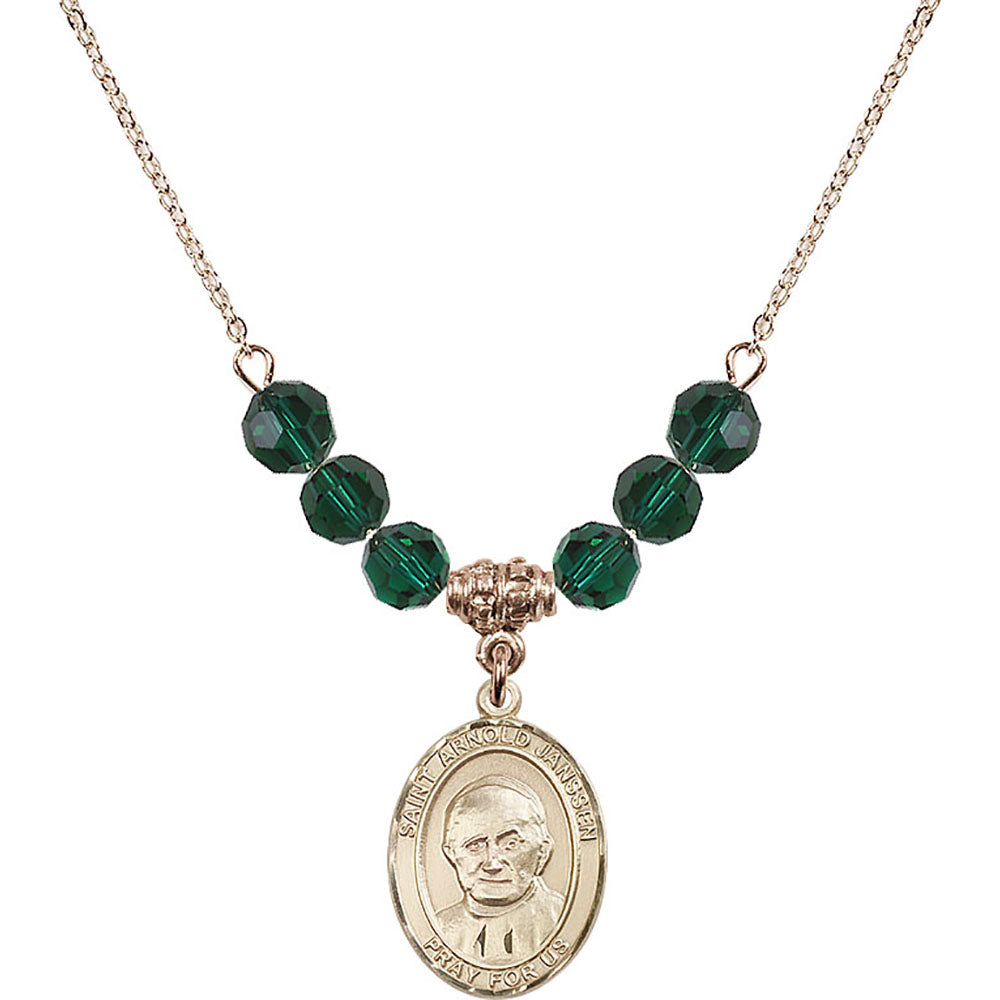 14kt Gold Filled Saint Arnold Janssen Birthstone Necklace with Emerald Beads - 8328