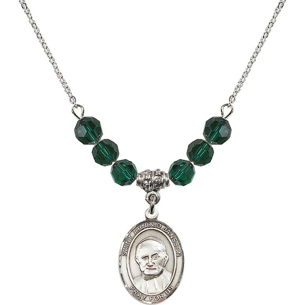 Sterling Silver Saint Arnold Janssen Birthstone Necklace with Emerald Beads - 8328