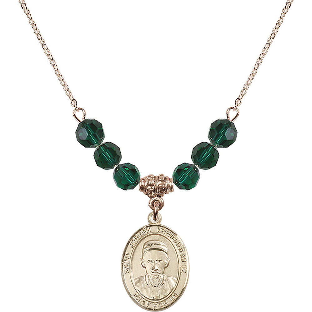 14kt Gold Filled Saint Joseph Freinademetz Birthstone Necklace with Emerald Beads - 8329