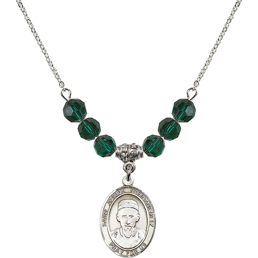 Sterling Silver Saint Joseph Freinademetz Birthstone Necklace with Emerald Beads - 8329