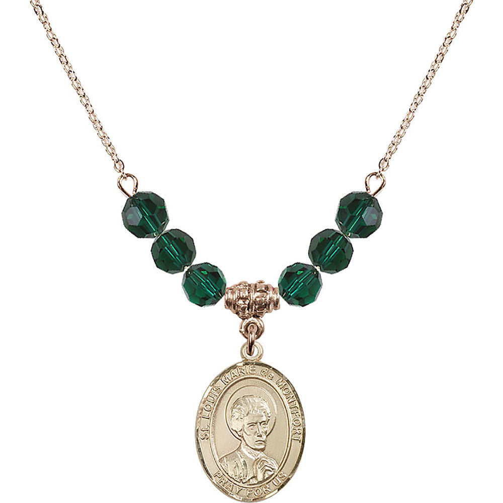 14kt Gold Filled Saint Louis Marie de Montfort Birthstone Necklace with Emerald Beads - 8330