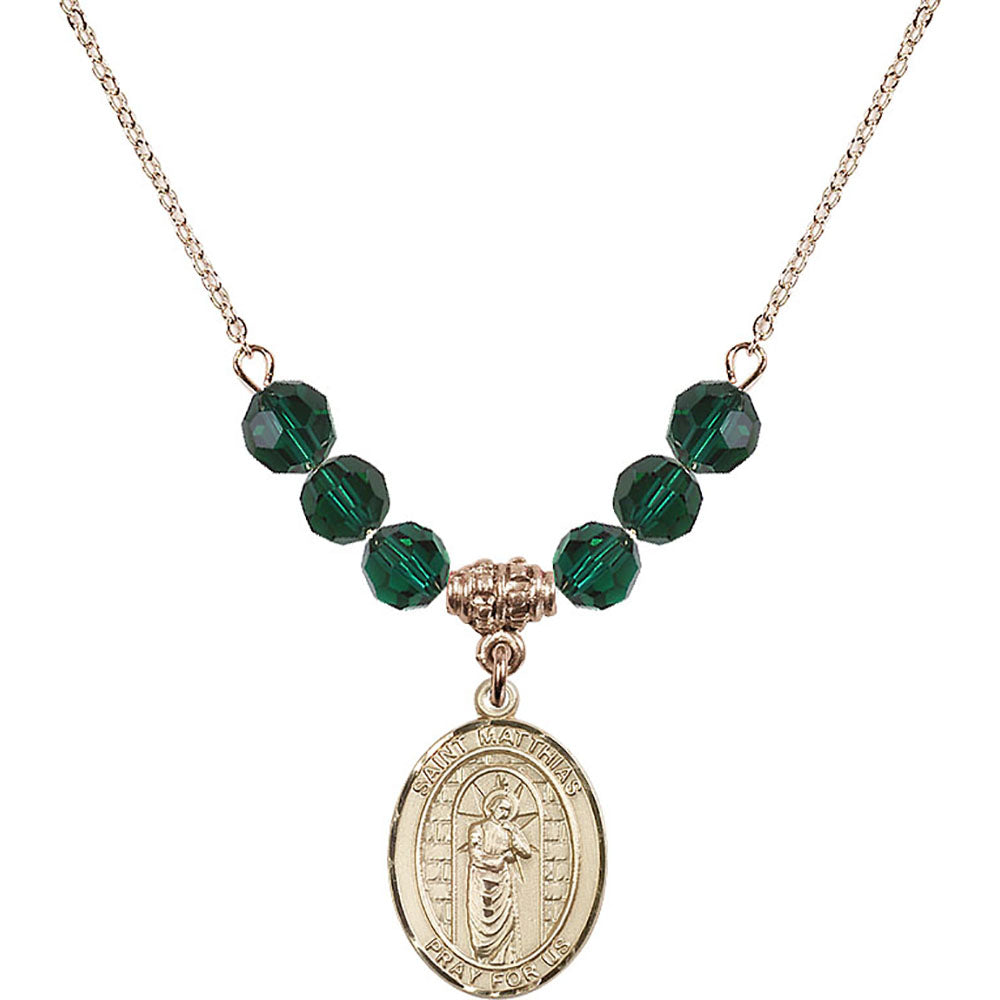 14kt Gold Filled Saint Matthias the Apostle Birthstone Necklace with Emerald Beads - 8331