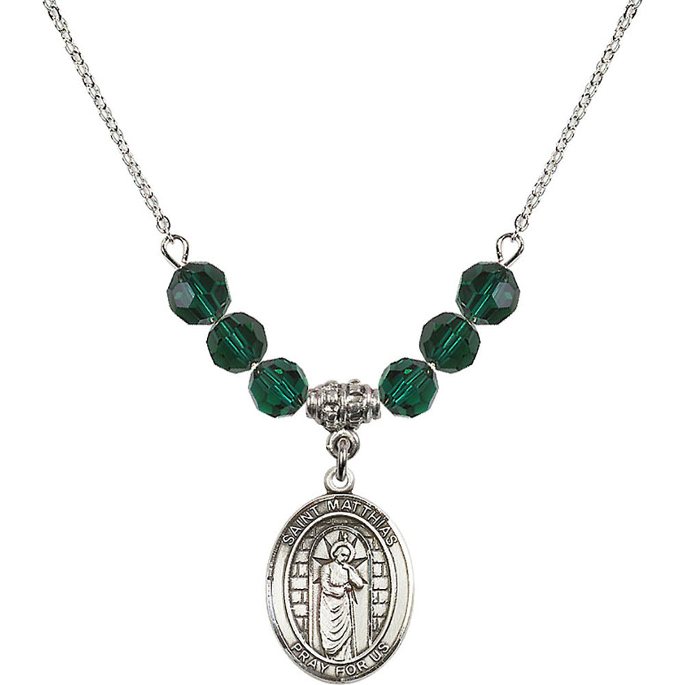 Sterling Silver Saint Matthias the Apostle Birthstone Necklace with Emerald Beads - 8331