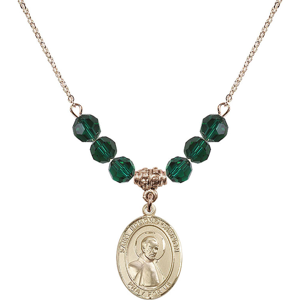 14kt Gold Filled Saint Edmund Campion Birthstone Necklace with Emerald Beads - 8333