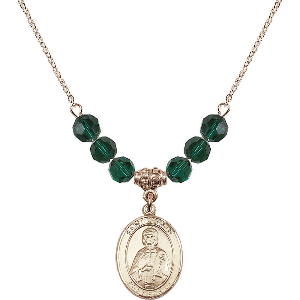 14kt Gold Filled Saint Gerald Birthstone Necklace with Emerald Beads - 8404