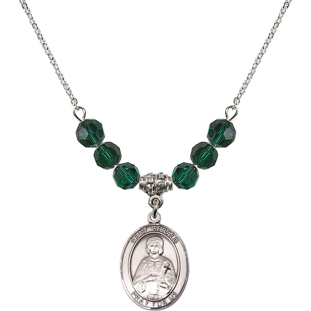 Sterling Silver Saint Gerald Birthstone Necklace with Emerald Beads - 8404