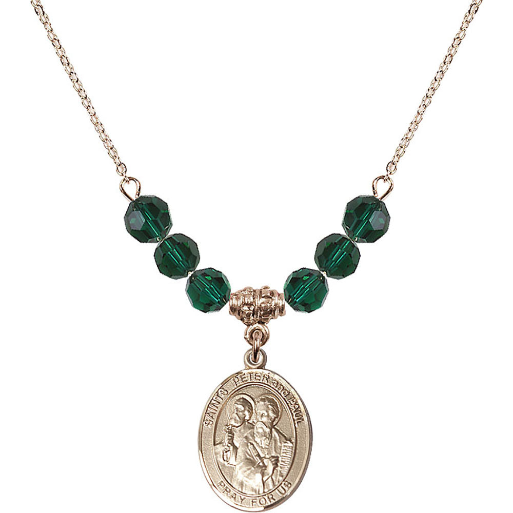 14kt Gold Filled Saints Peter & Paul Birthstone Necklace with Emerald Beads - 8410