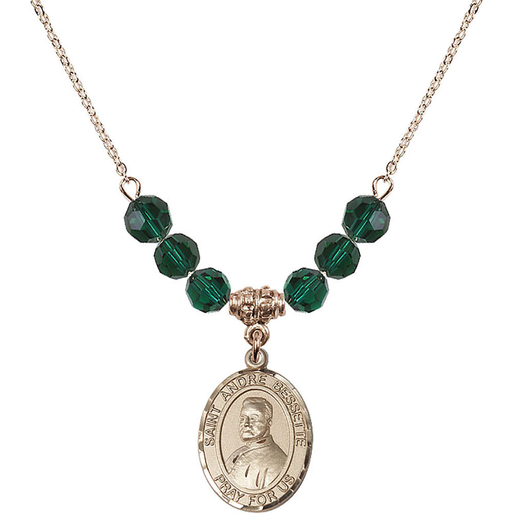 14kt Gold Filled Saint Andre Bessette Birthstone Necklace with Emerald Beads - 8424