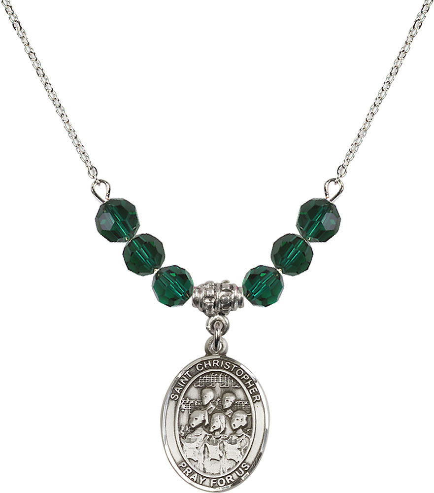 Sterling Silver Saint Christopher / Choir Birthstone Necklace with Emerald Beads - 8514