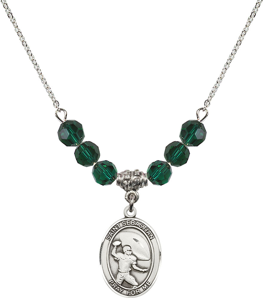 Sterling Silver Saint Sebastian / Football Birthstone Necklace with Emerald Beads - 8601
