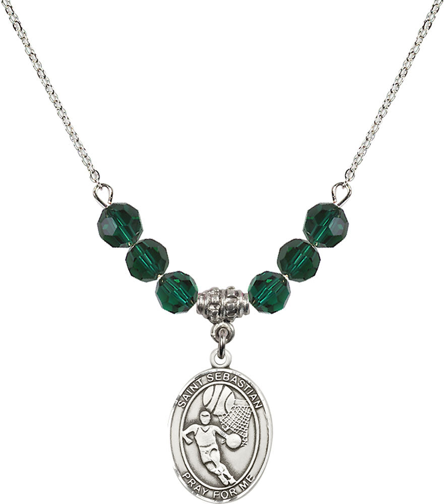 Sterling Silver Saint Sebastian/Basketball Birthstone Necklace with Emerald Beads - 8602