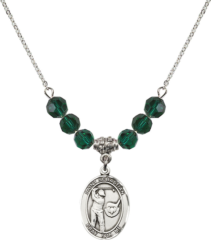 Sterling Silver Saint Sebastian / Golf Birthstone Necklace with Emerald Beads - 8606