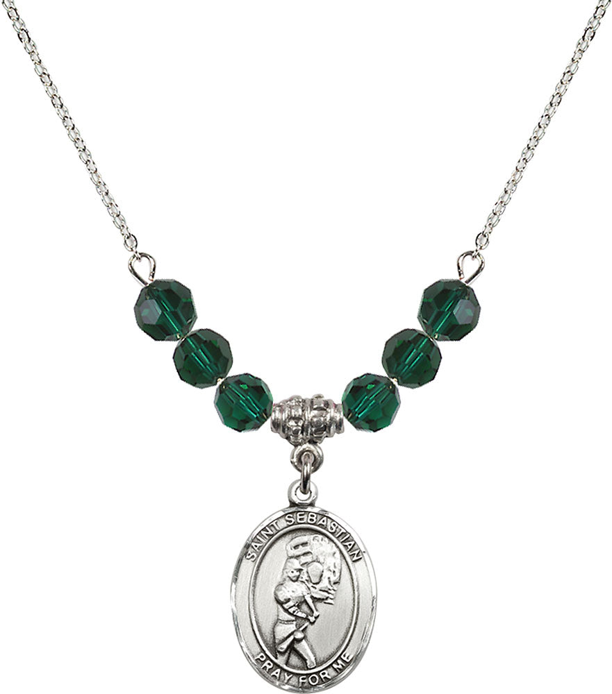 Sterling Silver Saint Sebastian/Softball Birthstone Necklace with Emerald Beads - 8607