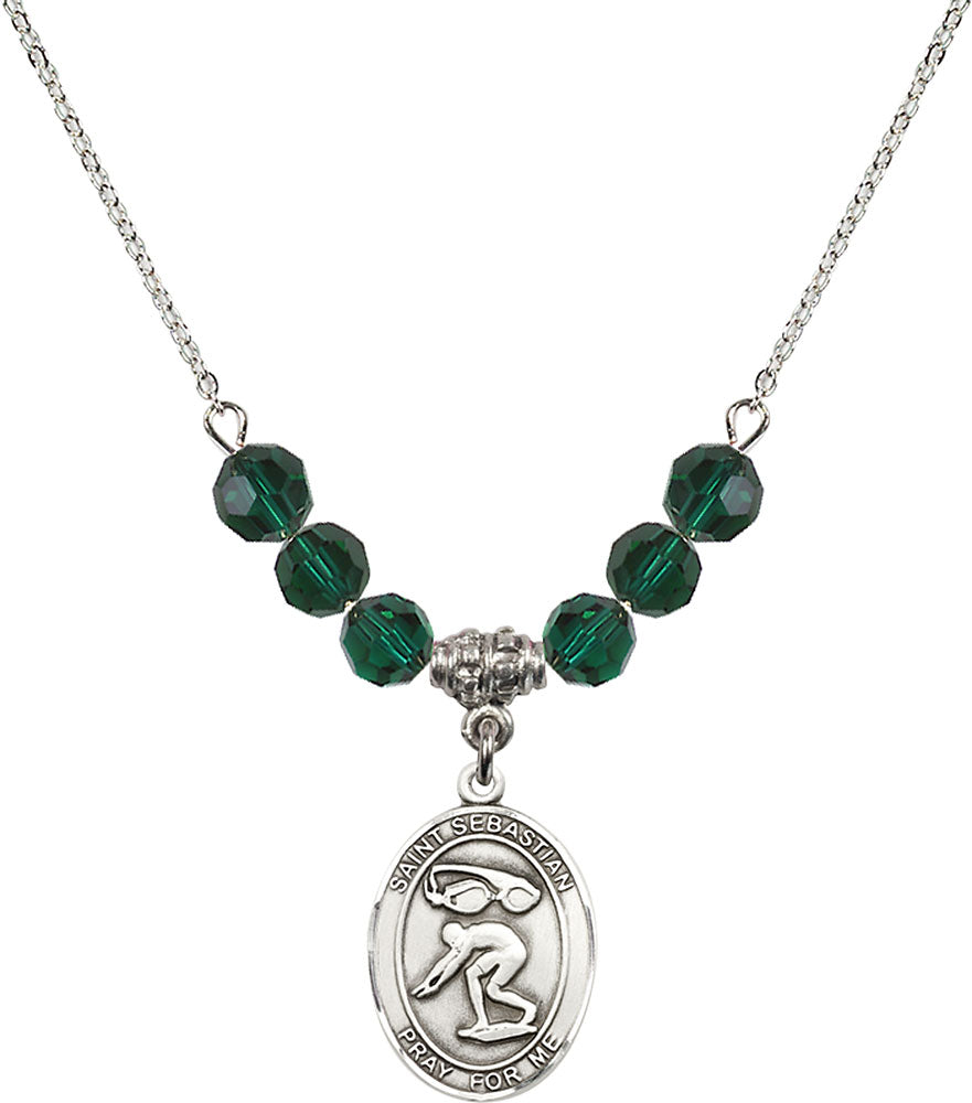 Sterling Silver Saint Sebastian/Swimming Birthstone Necklace with Emerald Beads - 8611