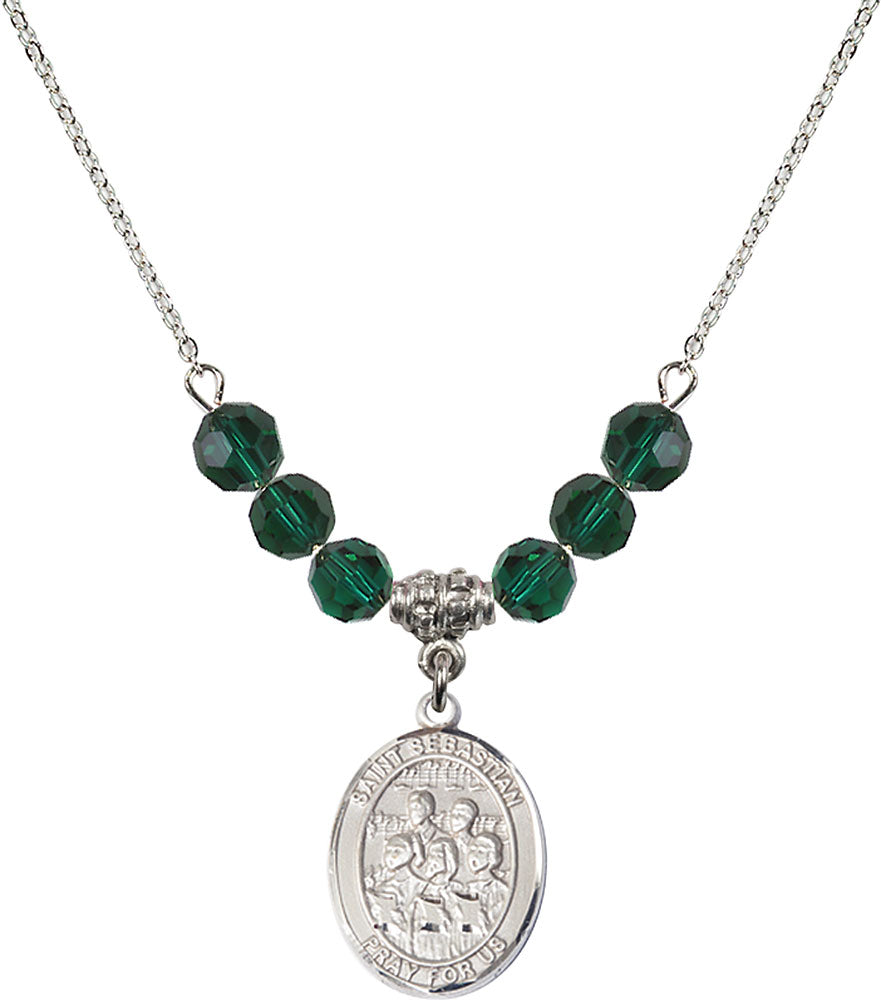 Sterling Silver Saint Sebastian / Choir Birthstone Necklace with Emerald Beads - 8614