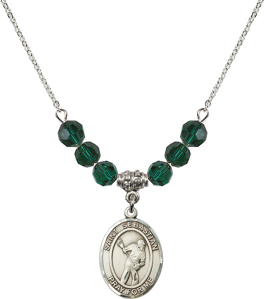 Sterling Silver Saint Sebastian/Lacrosse Birthstone Necklace with Emerald Beads - 8616