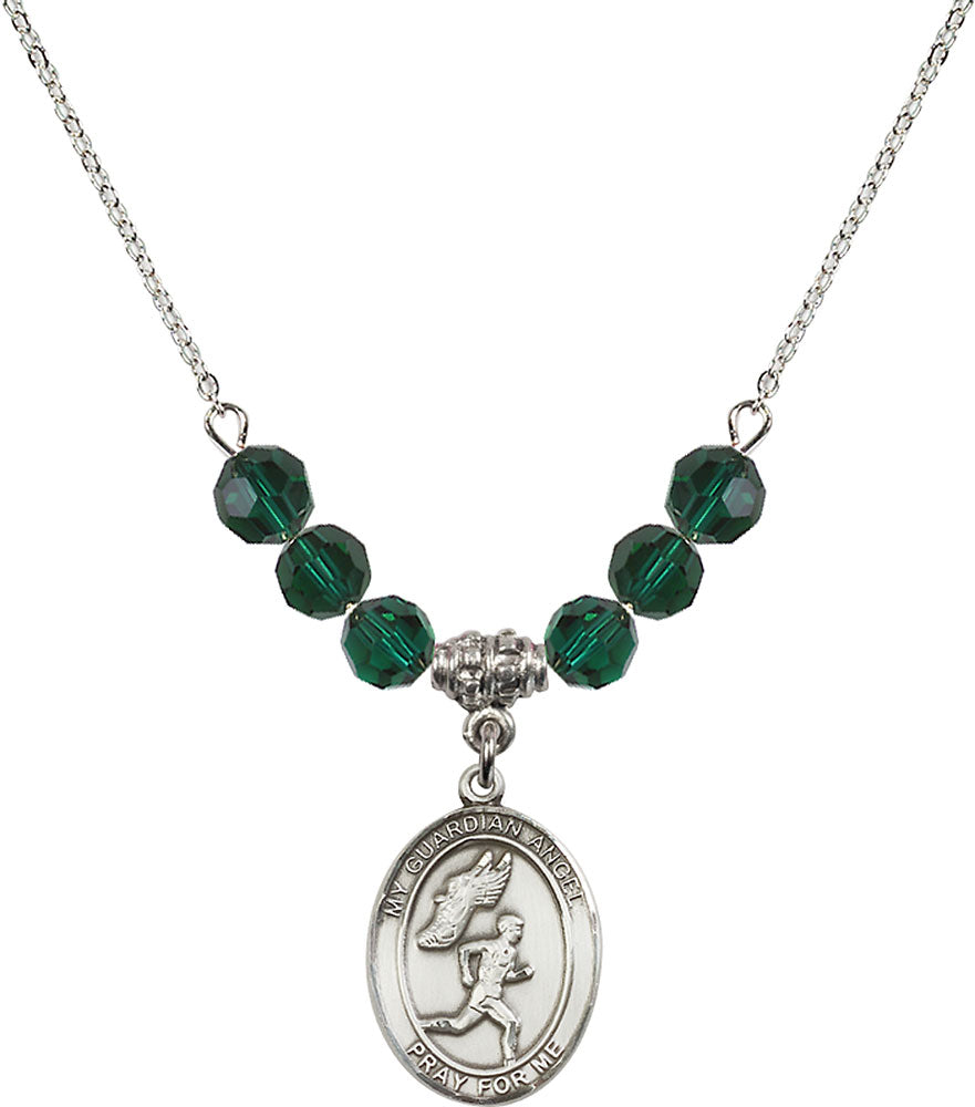 Sterling Silver Guardian Angel/Track&Field-Men Birthstone Necklace with Emerald Beads - 8709